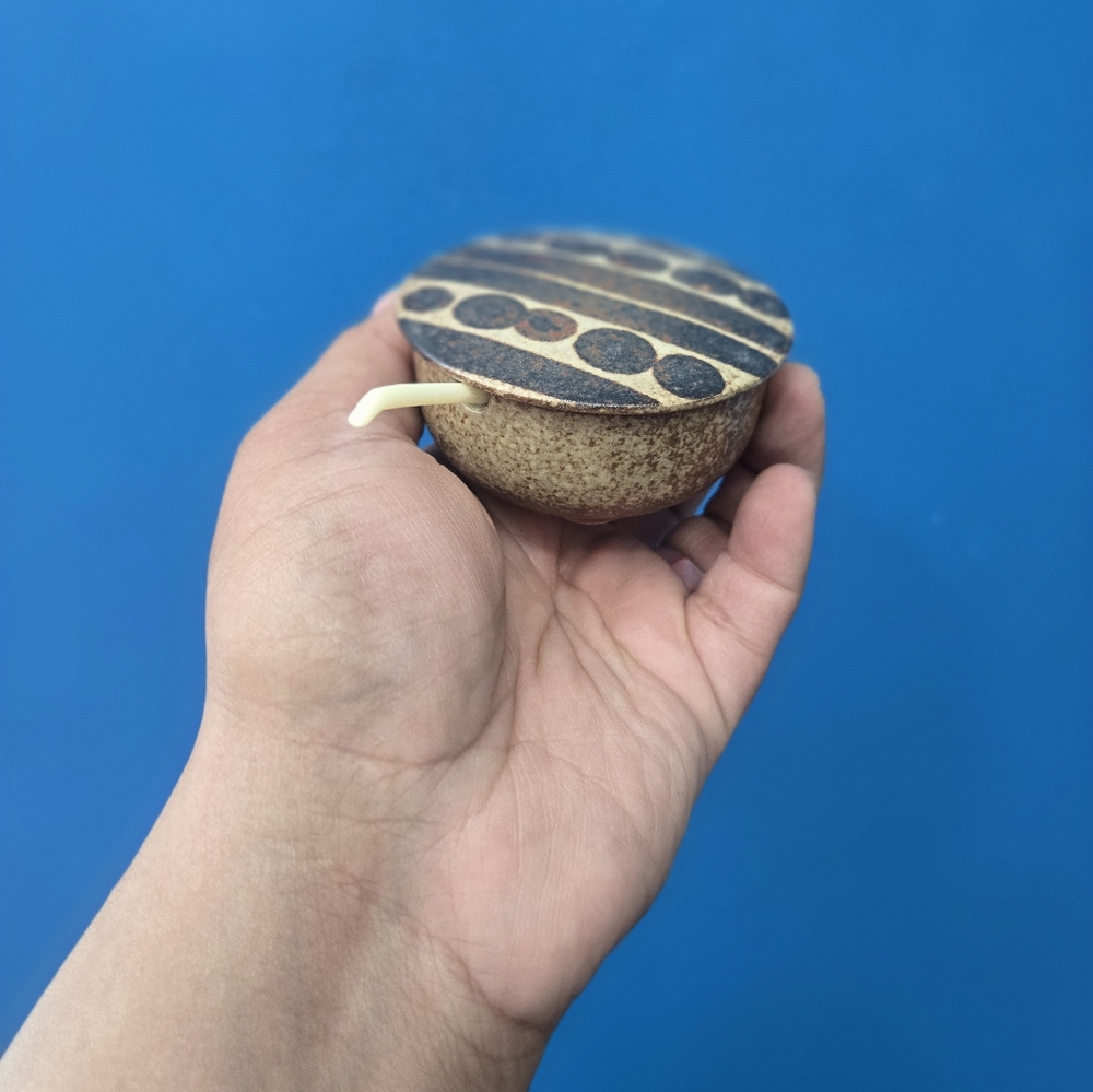 Handcrafted Brown and Tan Ceramic Bowl with Lid & Spoon.